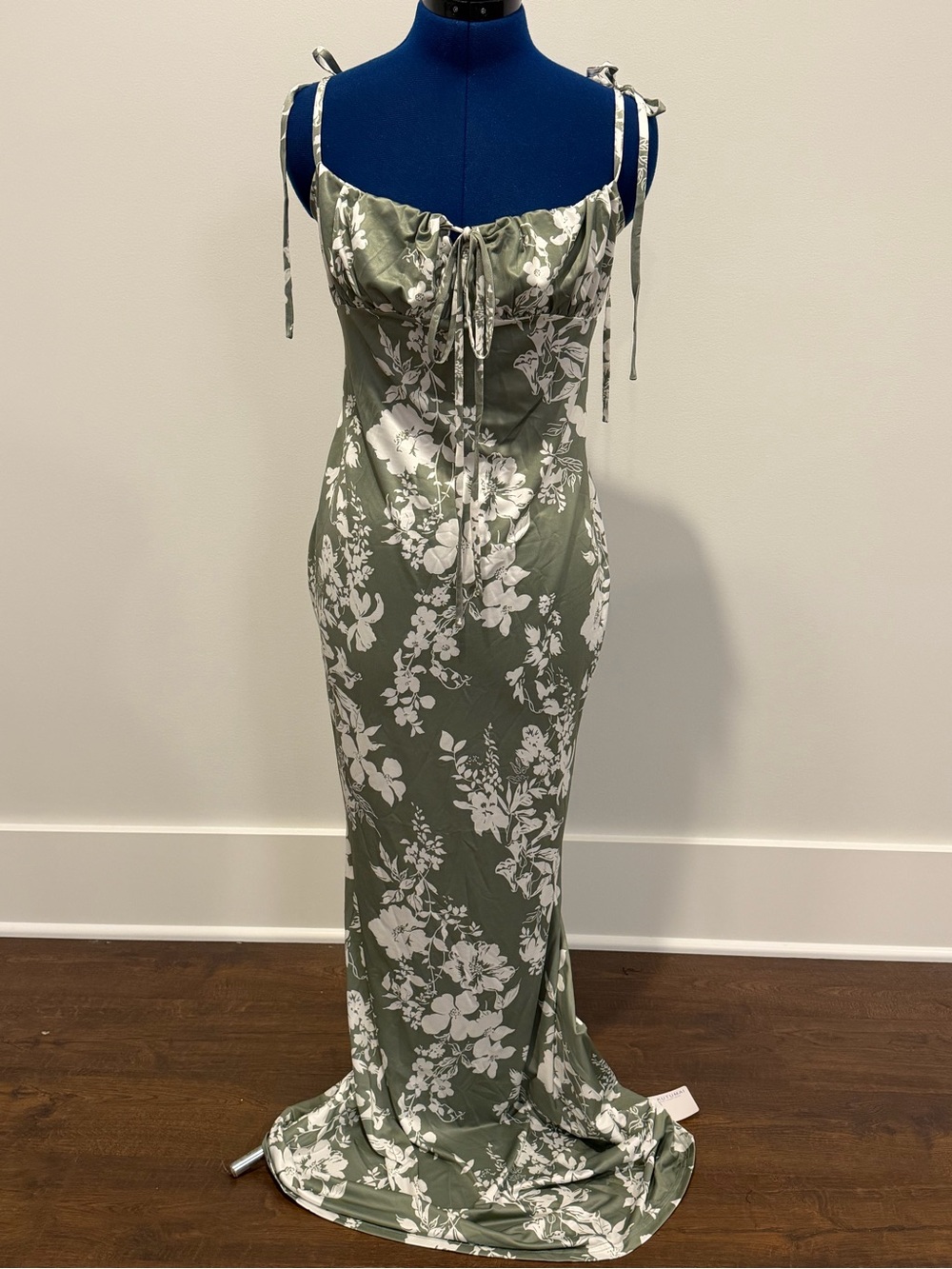 Women’s Olive Green Stretch Floral Tie-Shoulder Maxi Dress
